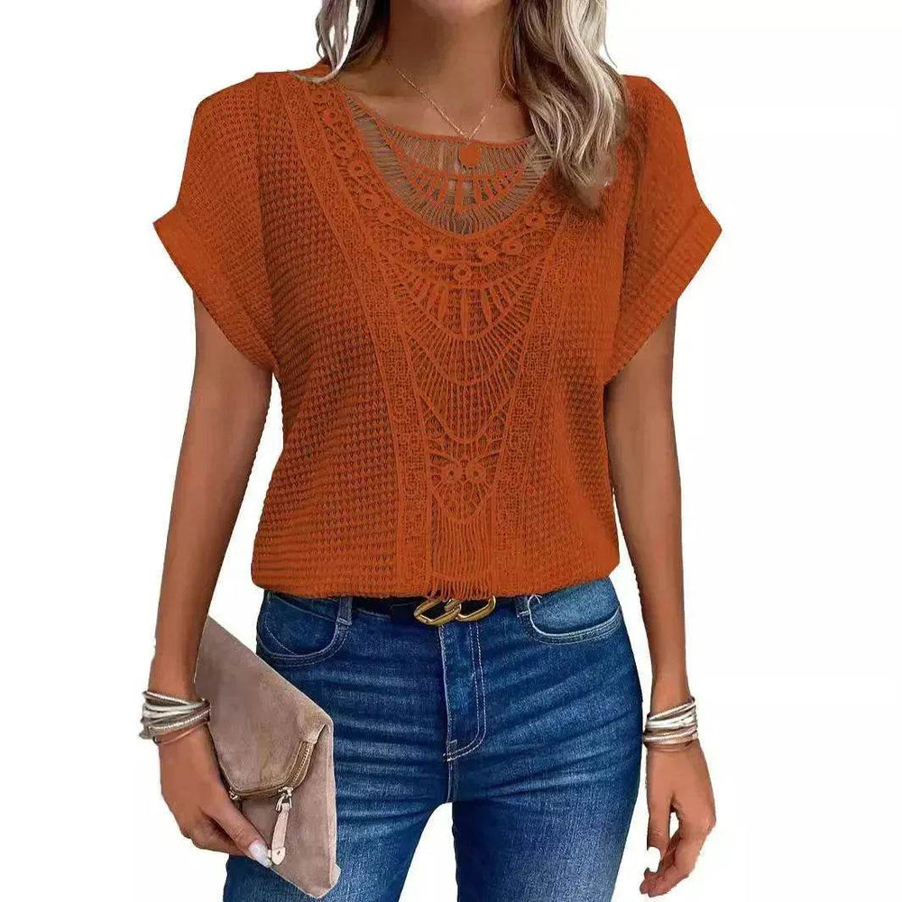 Lace Patchwork Short-sleeved T-shirt Women's Clothing - EX-STOCK Canada