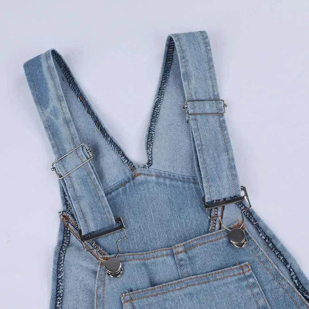 Ladies' Long Blue Denim Jeans Romper Jumpsuit With Straps - EX-STOCK Canada
