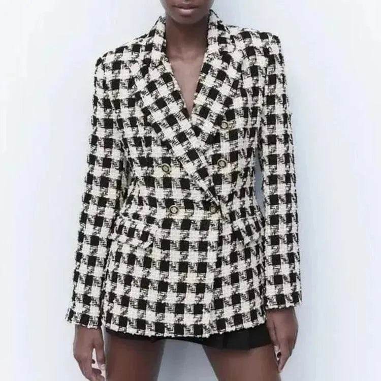 Lapel Long Sleeve Double Breasted Houndstooth Coat Top For Women - EX-STOCK CANADA
