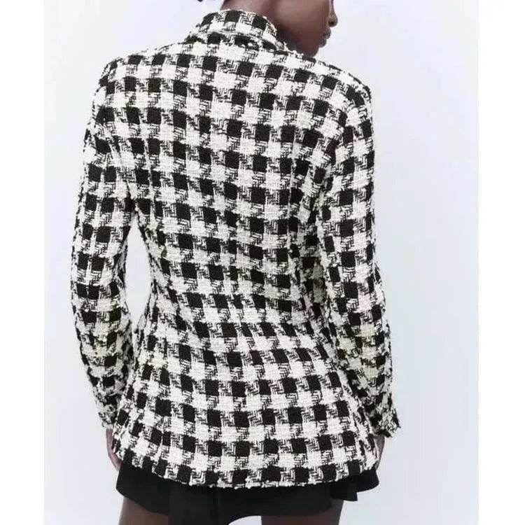 Lapel Long Sleeve Double Breasted Houndstooth Coat Top For Women - EX-STOCK Canada
