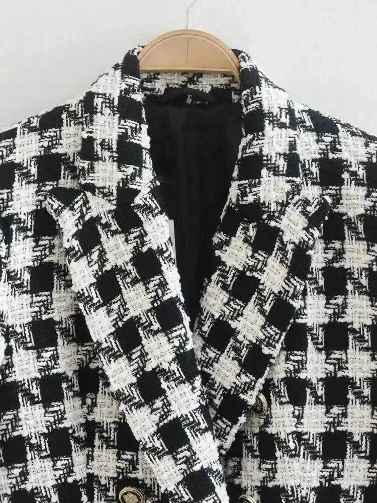 Lapel Long Sleeve Double Breasted Houndstooth Coat Top For Women - EX-STOCK Canada