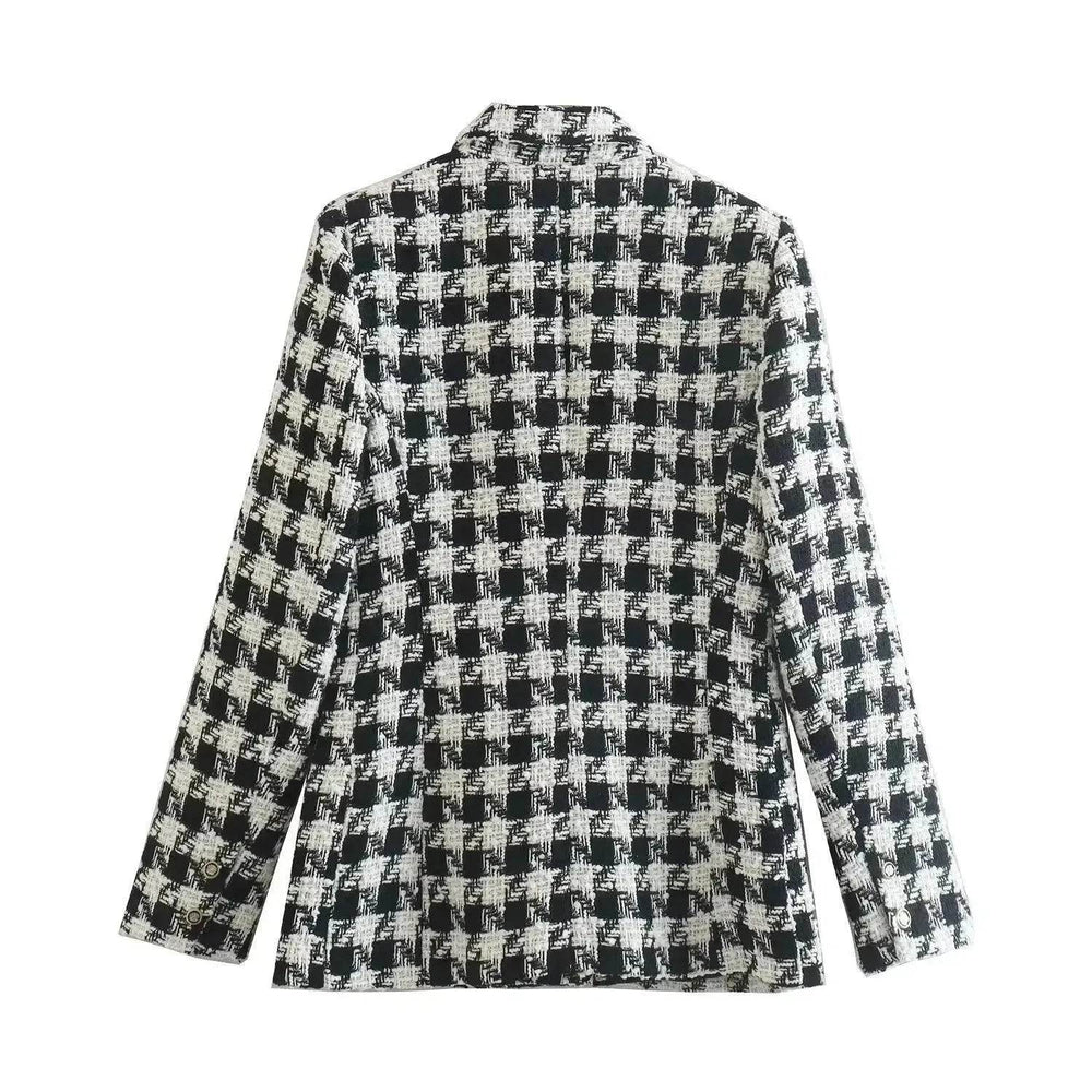 Lapel Long Sleeve Double Breasted Houndstooth Coat Top For Women - EX-STOCK Canada