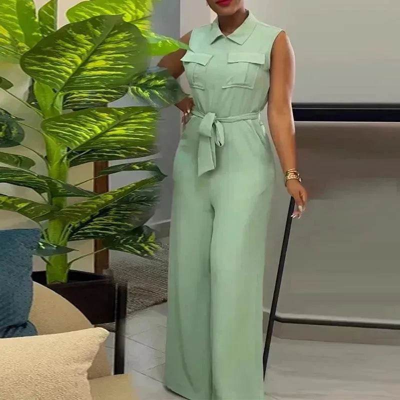 Lapel Pocket Waist Trimming Loose Wide Leg Sleeveless Jumpsuit - EX-STOCK Canada