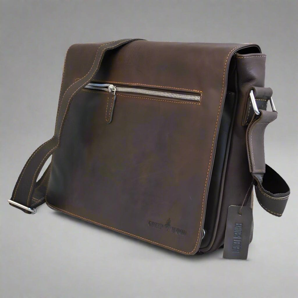 Borsa per Laptop in Pelle Greenwood. Borsa Messenger in Pelle Cerata Premium Pull-Up