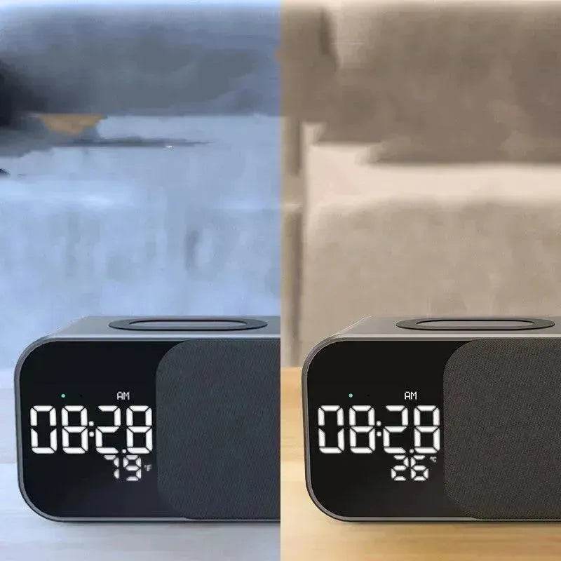 Led Wireless Charging Alarm Clock Fm Radio Bluetooth Speaker With Microphone Temperature Indicator Digital Display Speakers - EX-STOCK Canada