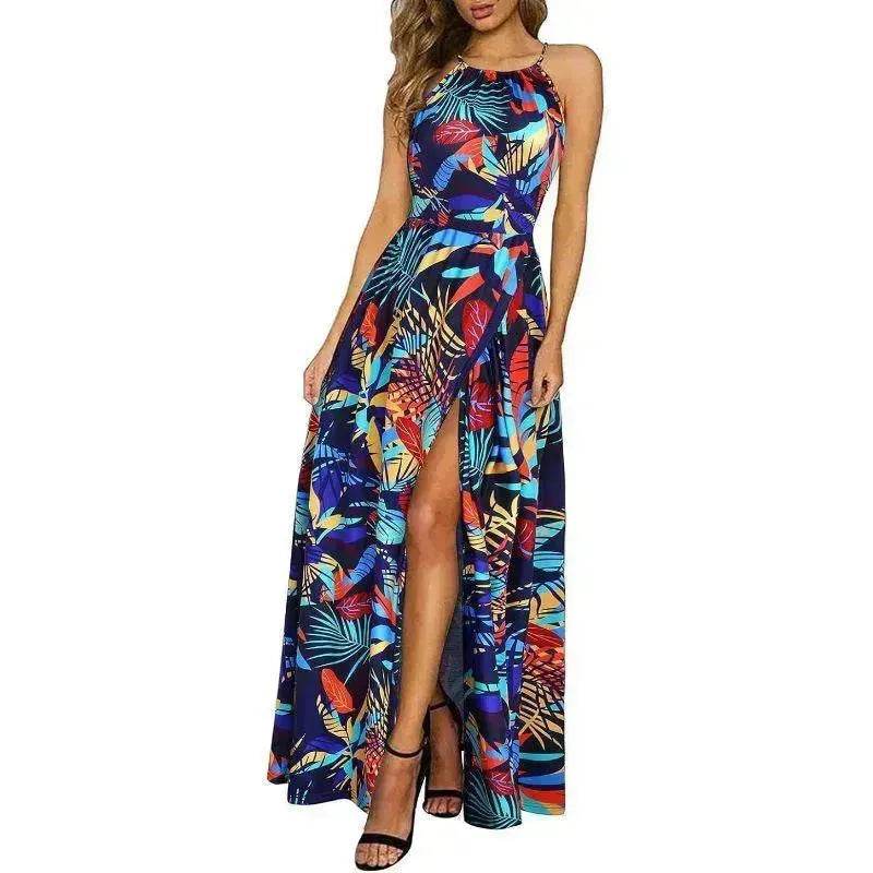 Beach Dress - Leisure Beach Sleeveless Halter Strap Printing Dress - EX-STOCK Canada
