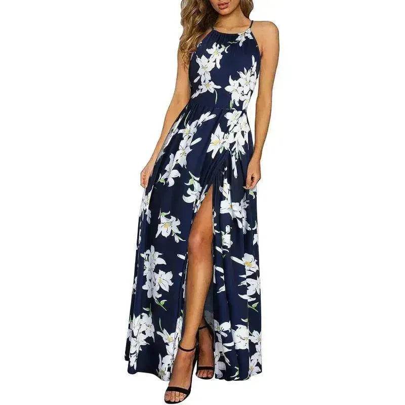 Beach Dress - Leisure Beach Sleeveless Halter Strap Printing Dress - EX-STOCK Canada
