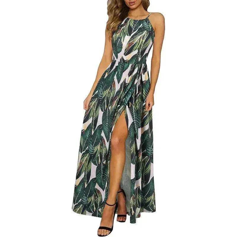 Beach Dress - Leisure Beach Sleeveless Halter Strap Printing Dress - EX-STOCK Canada