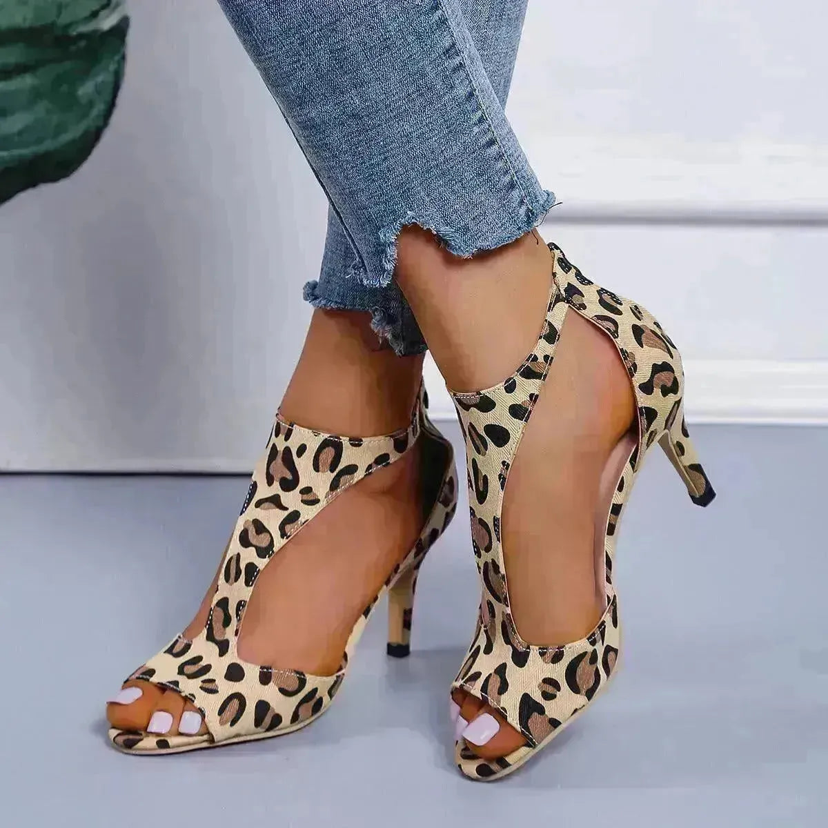 Leopard Print Shoes Open Toe Mid Heel Sandals Party Heels