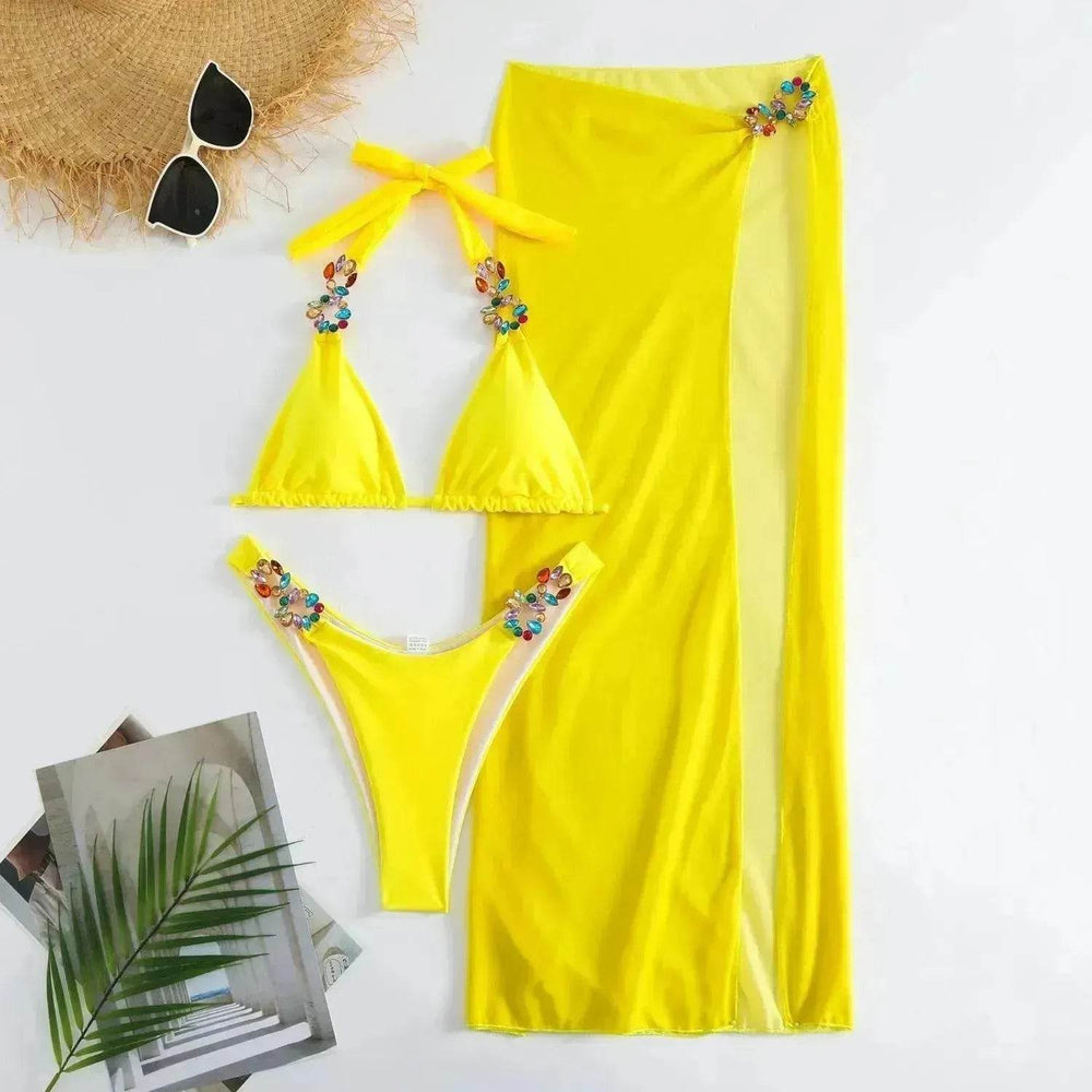 Light Diamond Solid Color Long Skirt Mesh Three Piece Swimsuit Bikini - EX-STOCK Canada