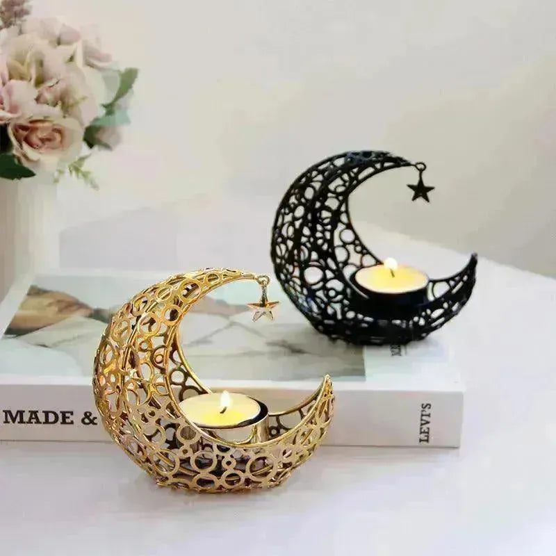 Light Luxury Crescent Moon Star Moon Black Gold Metal Candle Holder Modern Romantic Wedding Christmas Candle Cup Home Decor - EX-STOCK CANADA
