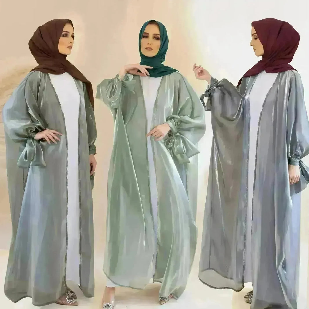 Lily Satin Cardigan Lace-up Bow Robe Abaya Dress for Arab Dubai Turkey Middle East Women - EX-STOCK CANADA