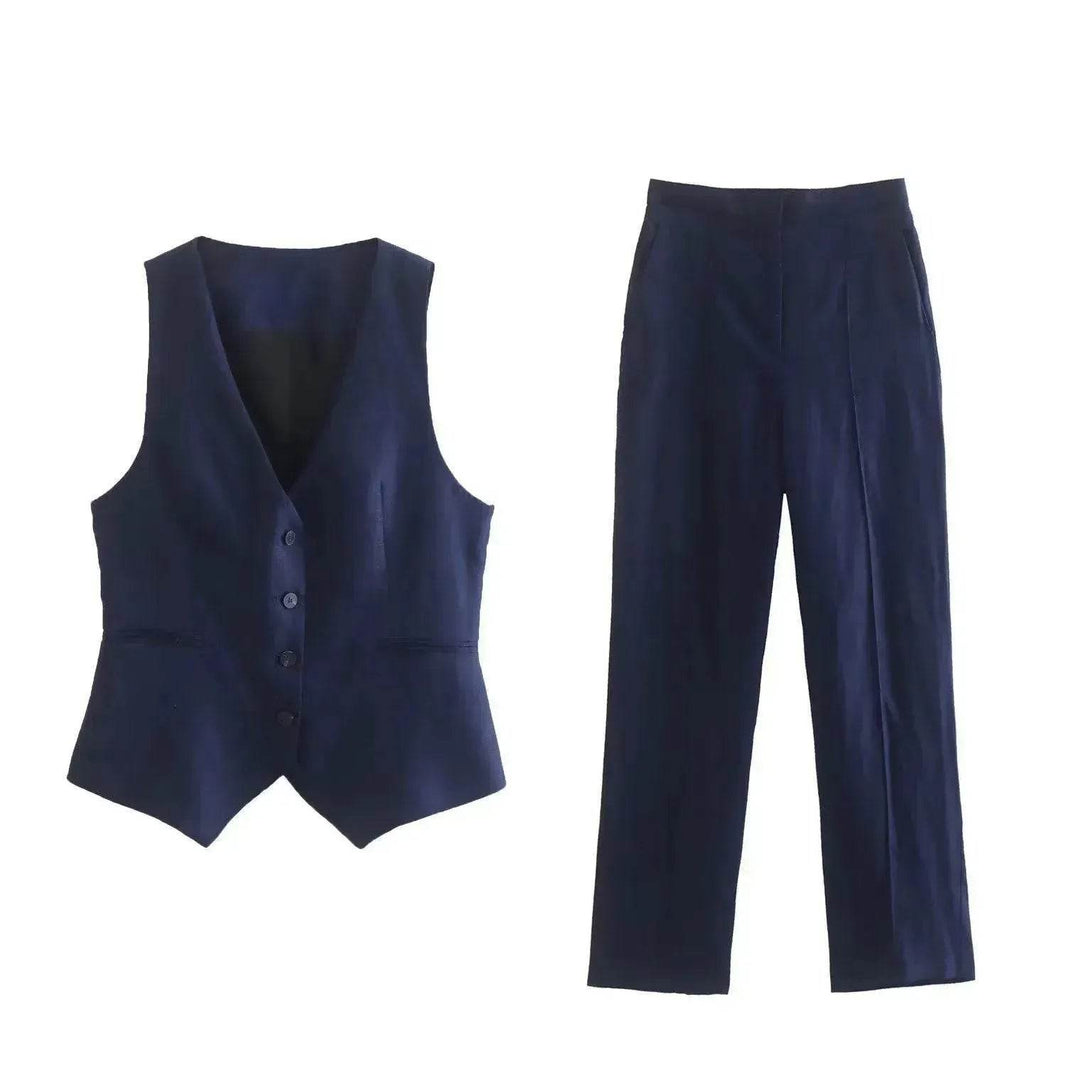 Linen Double Breasted Blazer Vest Straight-leg 3pcs Office Business Formal Pants Suit women - EX-STOCK Canada