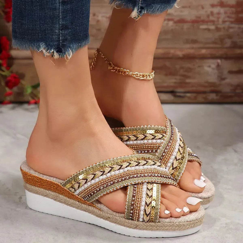 Linen Wedge Sandals Summer Ethnic Style Cross-strap Sandals For Women Non-slip Slides Beach Shoes - EX-STOCK Canada