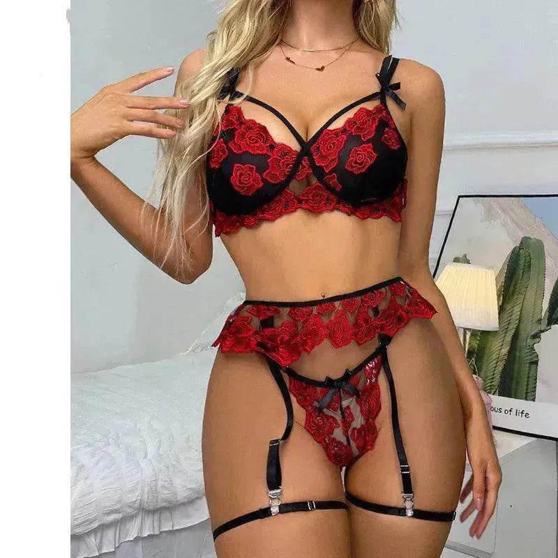 Lingerie Ladies Lace Embroidery Lingerie Set Garter Thong - EX-STOCK Canada