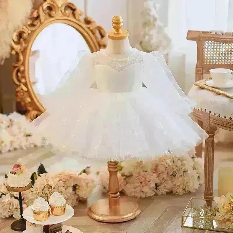 Long Sleeve Handmade Pearl Embroidery Children Princess Dress Gown - EX-STOCK CANADA