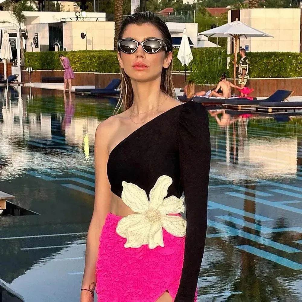 Long Sleeve Rose Red Color Matching Beaded Flower One-shoulder Dress - EX-STOCK Canada