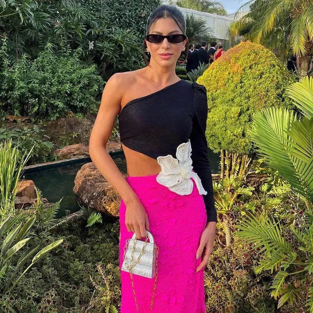 Long Sleeve Rose Red Color Matching Beaded Flower One-shoulder Dress - EX-STOCK Canada