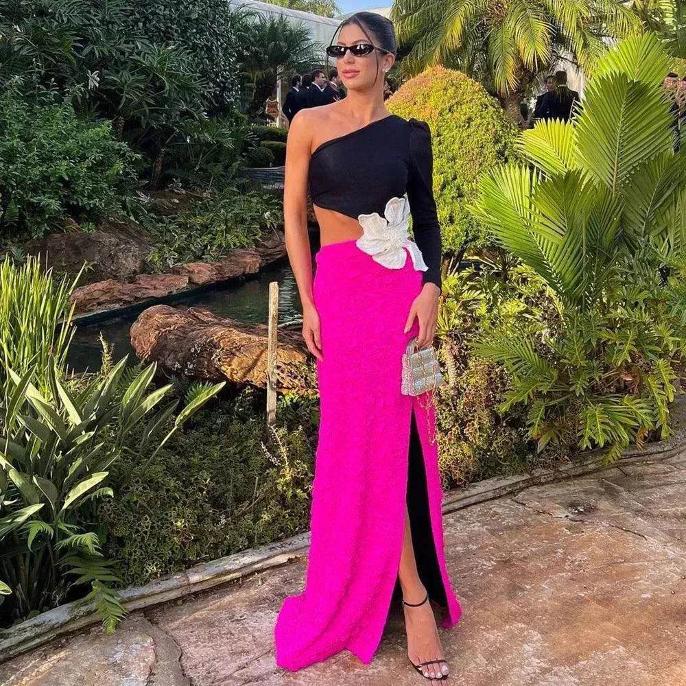 Long Sleeve Rose Red Color Matching Beaded Flower One-shoulder Dress - EX-STOCK Canada