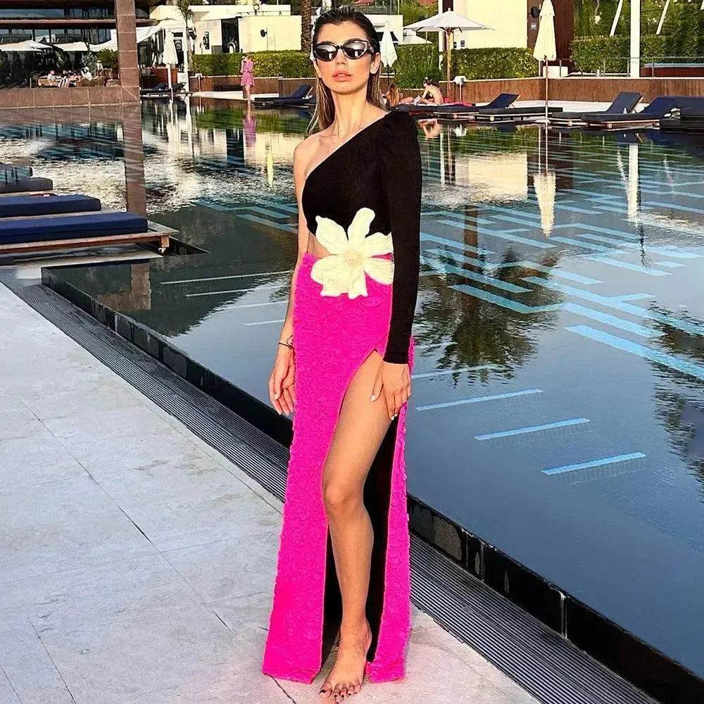 Long Sleeve Rose Red Color Matching Beaded Flower One-shoulder Dress - EX-STOCK Canada