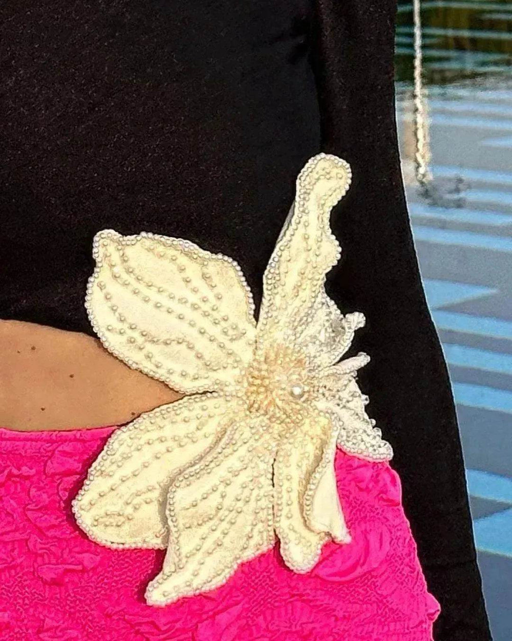 Long Sleeve Rose Red Color Matching Beaded Flower One-shoulder Dress - EX-STOCK Canada