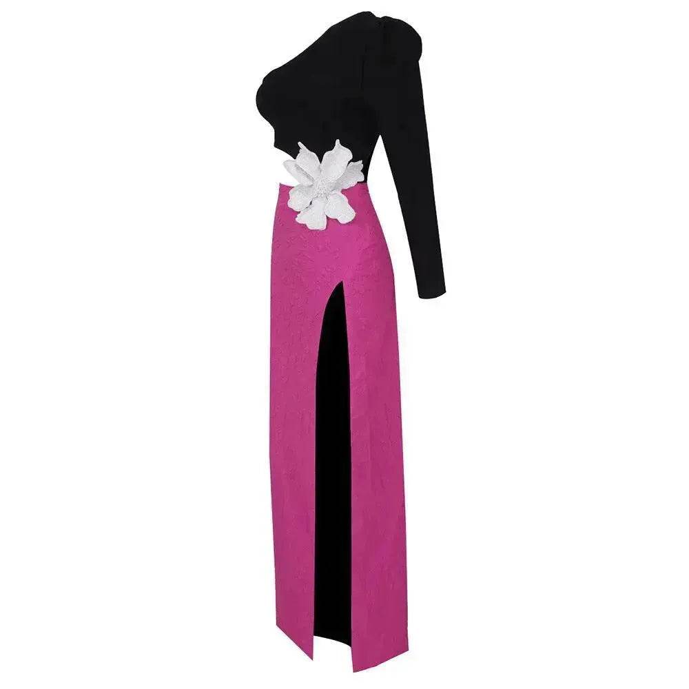 Long Sleeve Rose Red Color Matching Beaded Flower One-shoulder Dress - EX-STOCK Canada