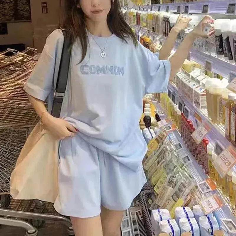 Loose Slimming Short Sleeve T-shirt High Waist Wide Leg Shorts - EX-STOCK Canada