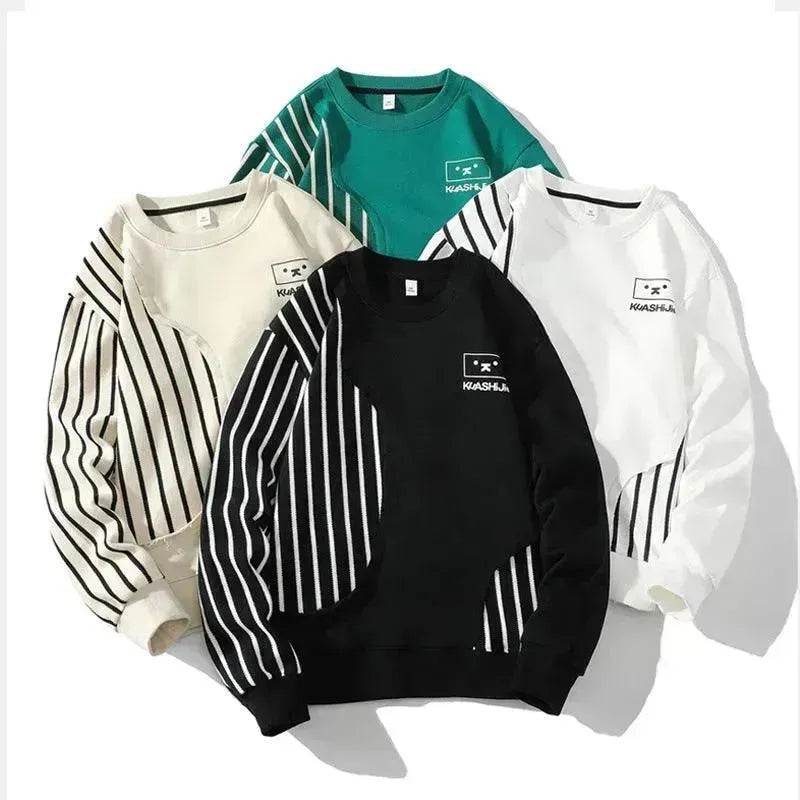 Loose Sports Long-sleeved T-shirt Patchwork Stripes Printed Men's Clothing Round-neck Sweater - EX-STOCK Canada
