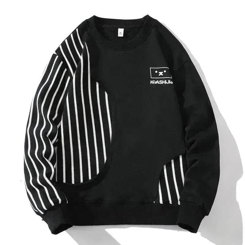Loose Sports Long-sleeved T-shirt Patchwork Stripes Printed Men's Clothing Round-neck Sweater - EX-STOCK Canada