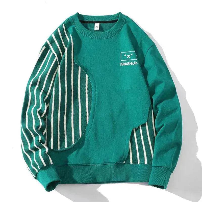 Loose Sports Long-sleeved T-shirt Patchwork Stripes Printed Men's Clothing Round-neck Sweater - EX-STOCK Canada