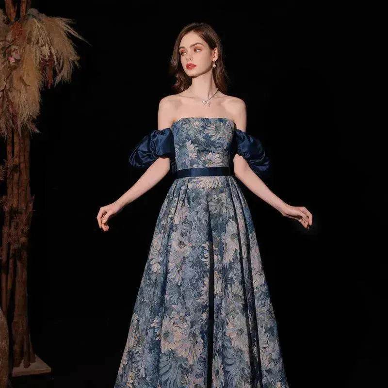 Luxurious Princess Court Oil Painting Style Tube Top Blue Evening Dress Bowl Gown - EX-STOCK Canada