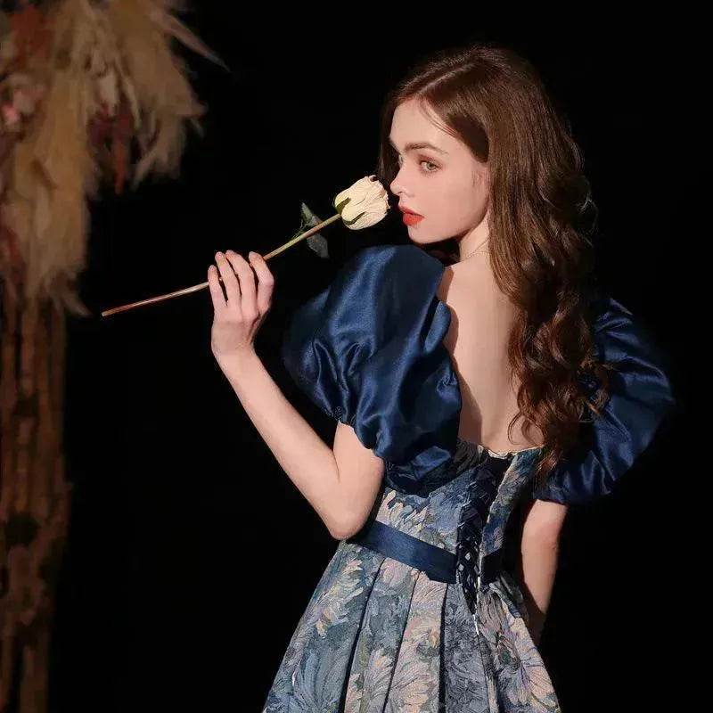 Luxurious Princess Court Oil Painting Style Tube Top Blue Evening Dress Bowl Gown - EX-STOCK Canada