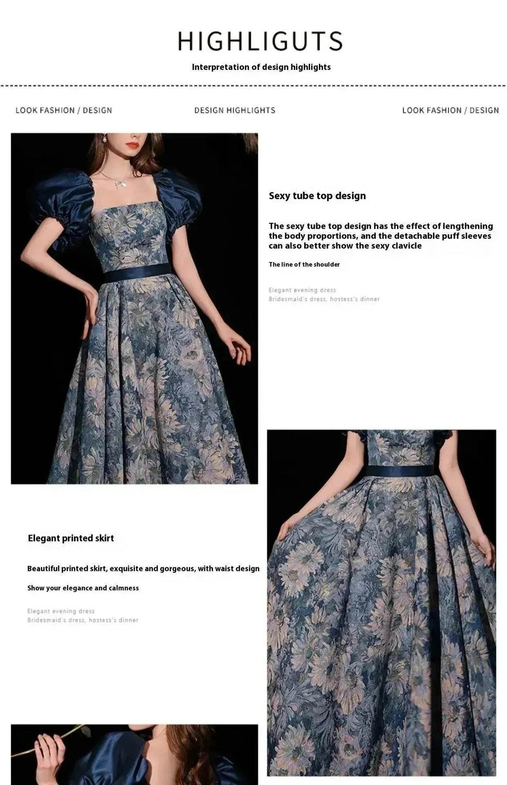 Luxurious Princess Court Oil Painting Style Tube Top Blue Evening Dress Bowl Gown - EX-STOCK Canada