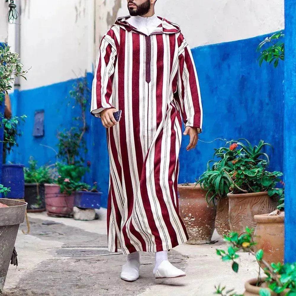 Fashionable and Elegant Men's Color Blocking Striped Long Arab Robe Hoodie Moroccan Men's Jalabiya - EX-STOCK Canada