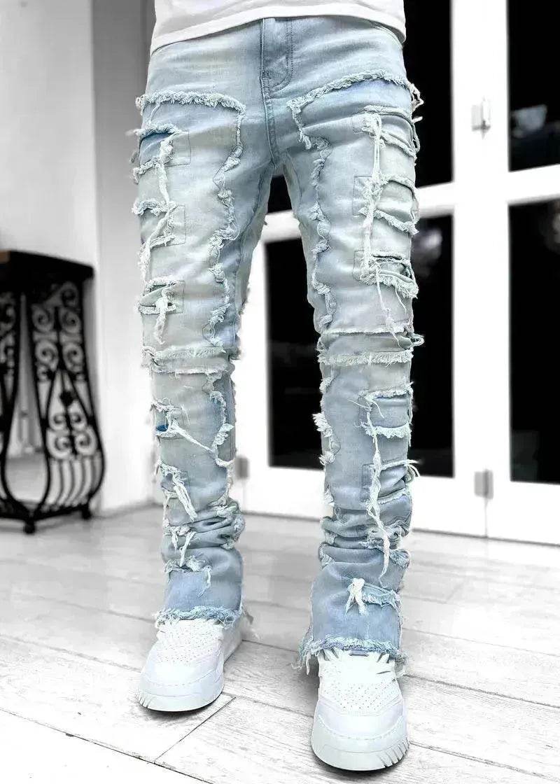 Men Trousers Patched Pants Long Tight Fit Stacked Denim Jeans street fashion - EX-STOCK Canada