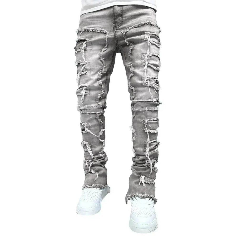 Men Trousers Patched Pants Long Tight Fit Stacked Denim Jeans street fashion - EX-STOCK Canada