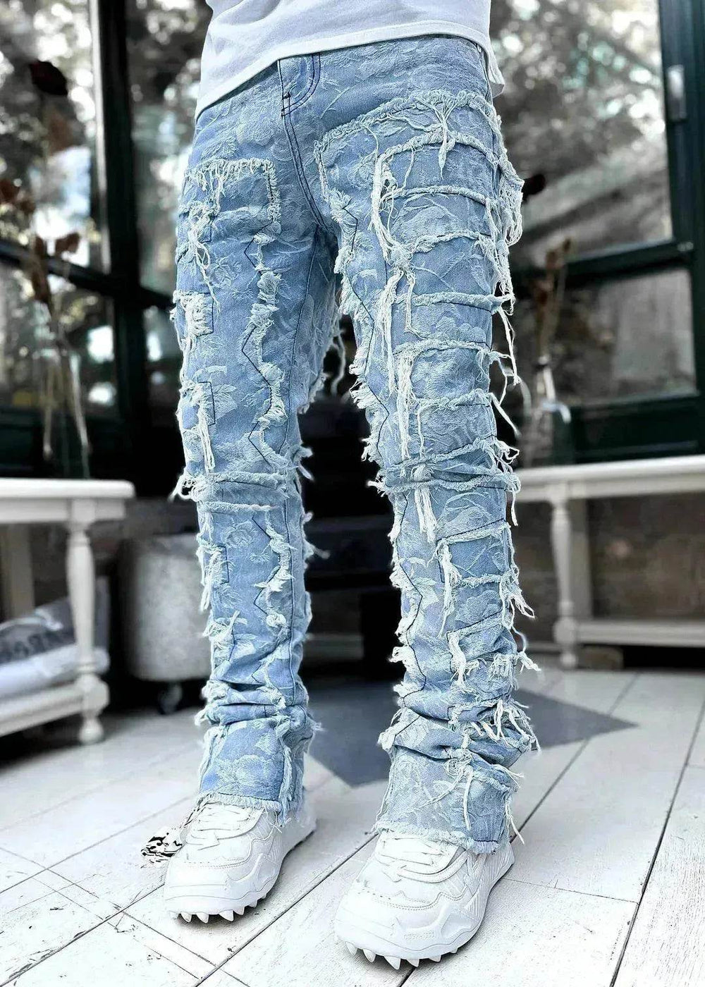 Men Trousers Patched Pants Long Tight Fit Stacked Denim Jeans street fashion - EX-STOCK Canada