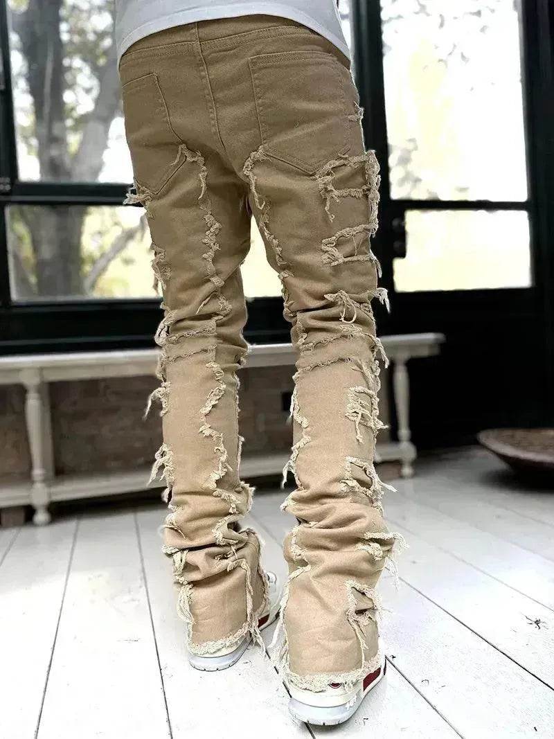 Men Trousers Patched Pants Long Tight Fit Stacked Denim Jeans street fashion - EX-STOCK Canada