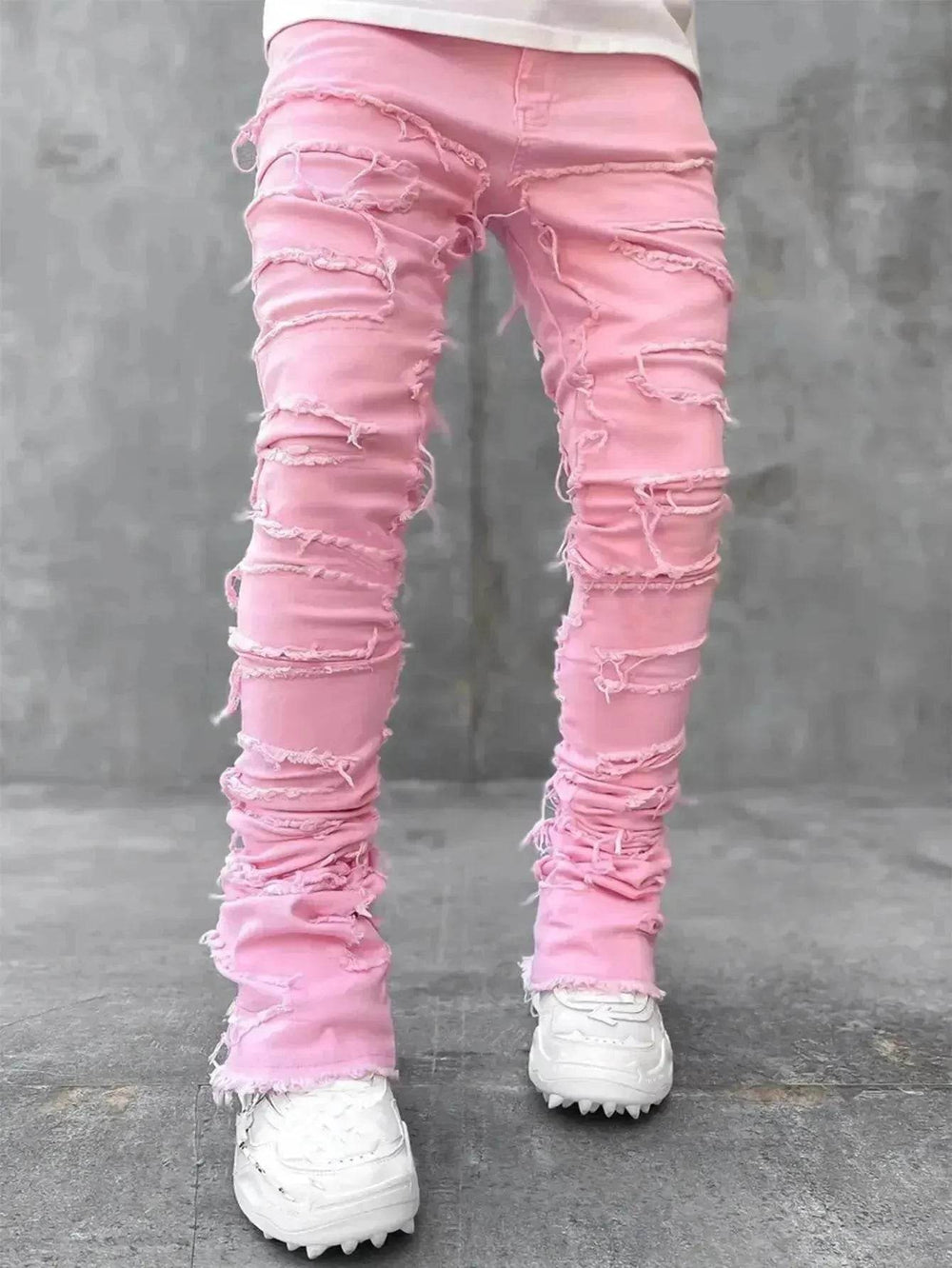 Men Trousers Patched Pants Long Tight Fit Stacked Denim Jeans street fashion - EX-STOCK Canada