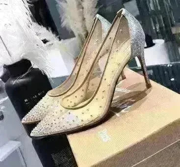 Mesh Rhinestone Transparent Women's Single Shoes Pointed High Heels Women - EX-STOCK CANADA