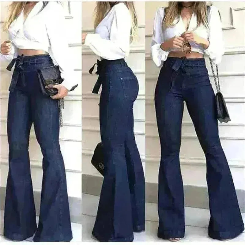 Micro elastic lace-up flared leg pants Women Wide Leg Denim Jeans High rise Wide leg Pants Trouser for Women - EX-STOCK CANADA