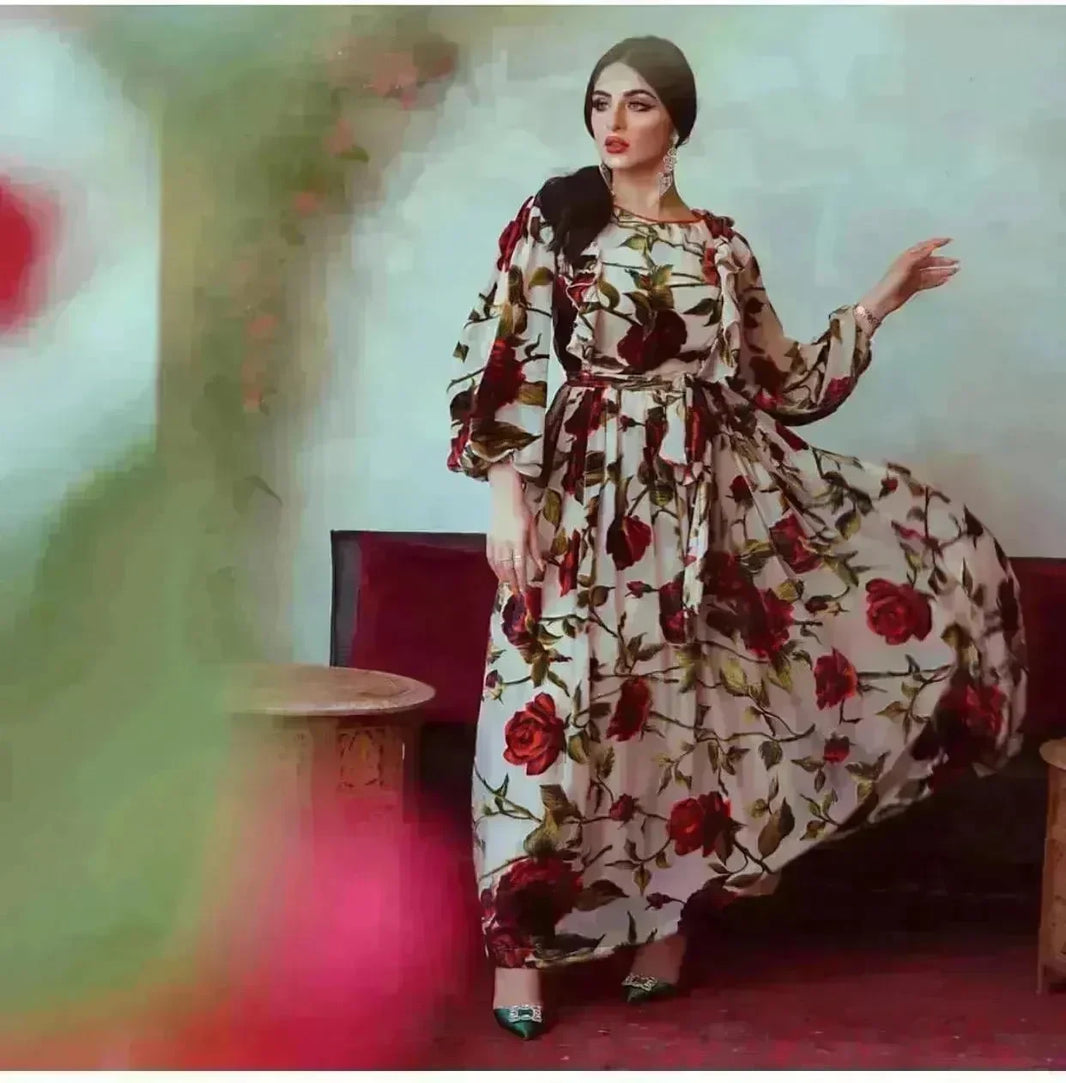 Middle Eastern Turkey Ruffled Rose Printed Bohemian Dress - EX-STOCK CANADA