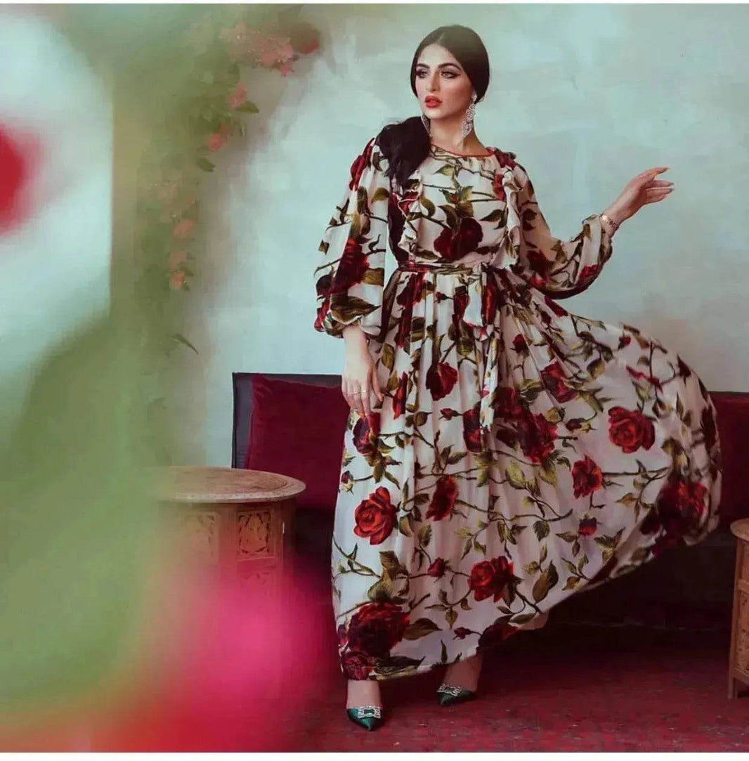 Middle Eastern Turkey Ruffled Rose Printed Bohemian Dress - EX-STOCK Canada