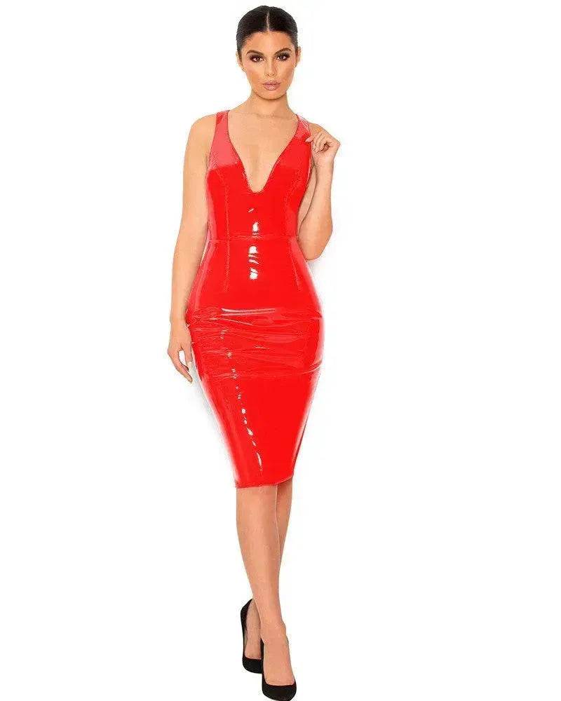Mirror PU Leather Sleeveless V-neck Tight Dress - EX-STOCK Canada