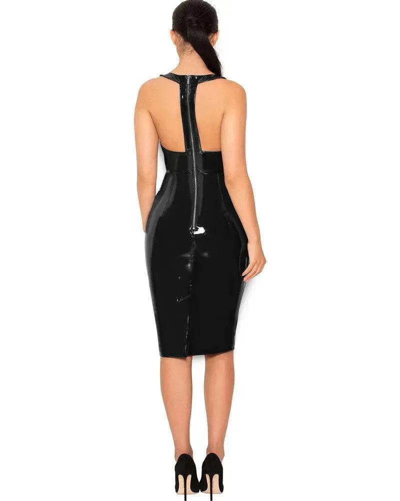 Mirror PU Leather Sleeveless V-neck Tight Dress - EX-STOCK Canada