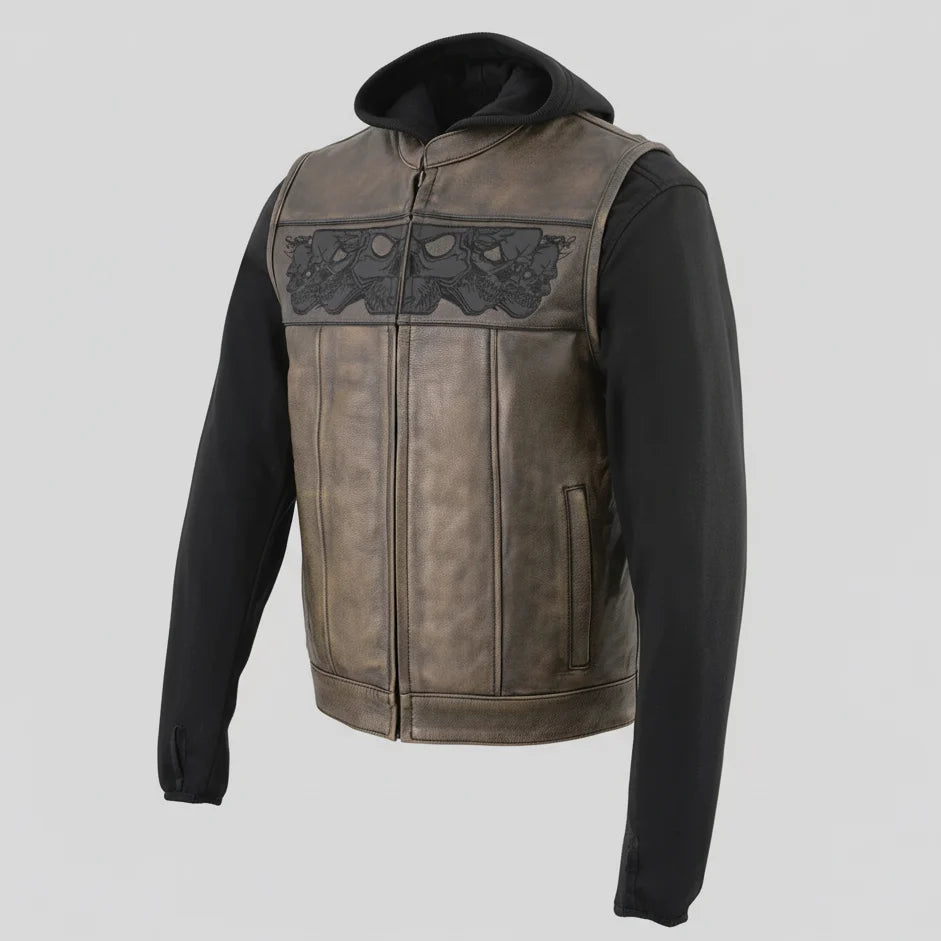 Gilet in pelle con cappuccio e teschio da uomo Milwaukee Leather | Gilet moto 2-in-1