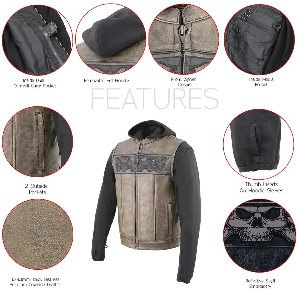 Gilet in pelle con cappuccio e teschio da uomo Milwaukee Leather | Gilet moto 2-in-1