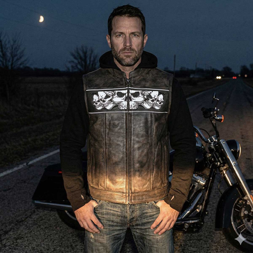 Gilet in pelle con cappuccio e teschio da uomo Milwaukee Leather | Gilet moto 2-in-1