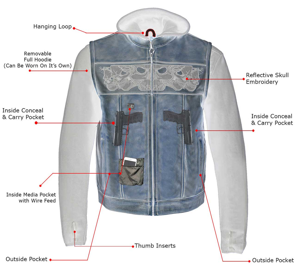 Gilet in pelle con cappuccio e teschio da uomo Milwaukee Leather | Gilet moto 2-in-1