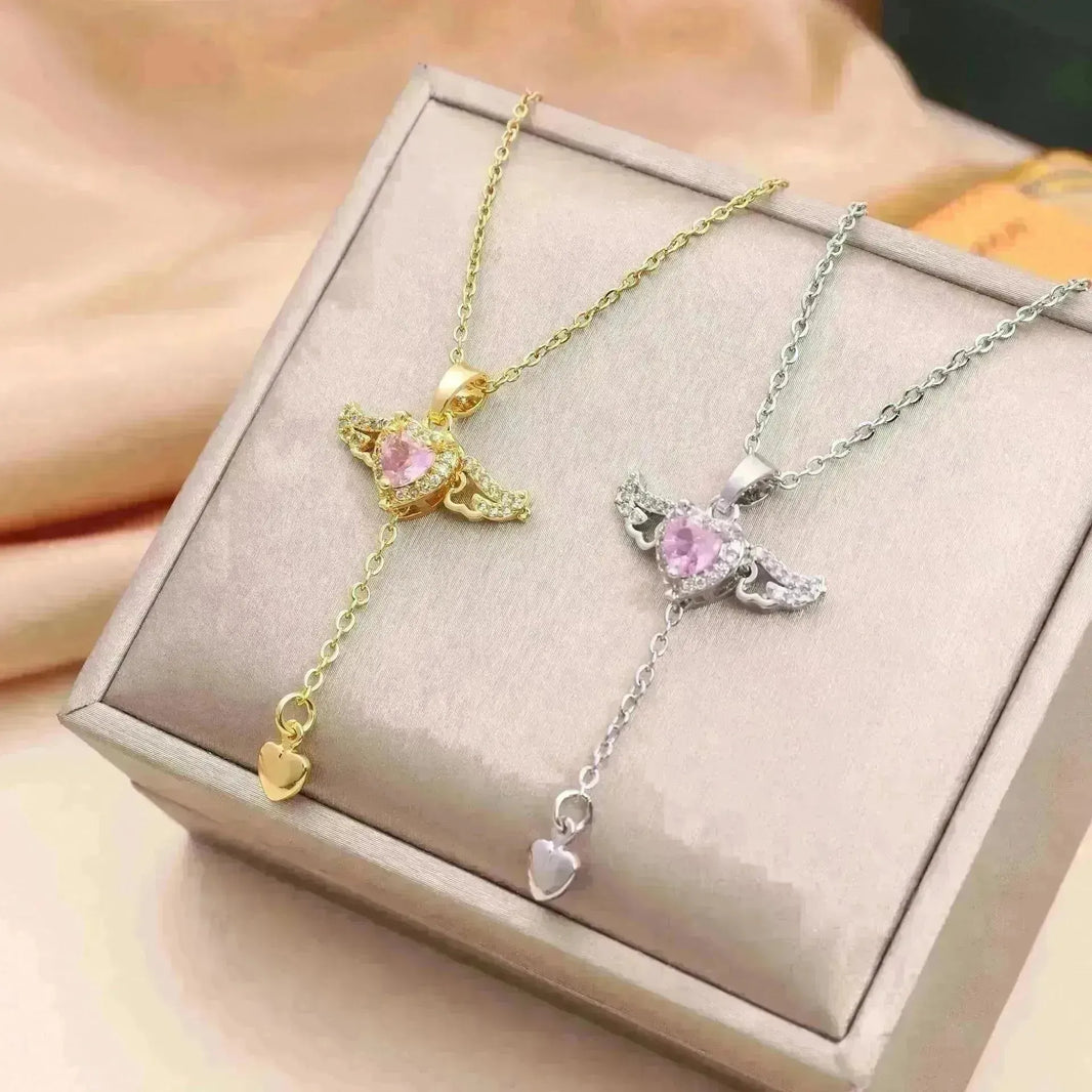 Moving Cupid Heart Angel Wings Tassel Necklace With Crystal Clavicle Chain Women Jewelry Gift Valentine's Day - EX-STOCK CANADA